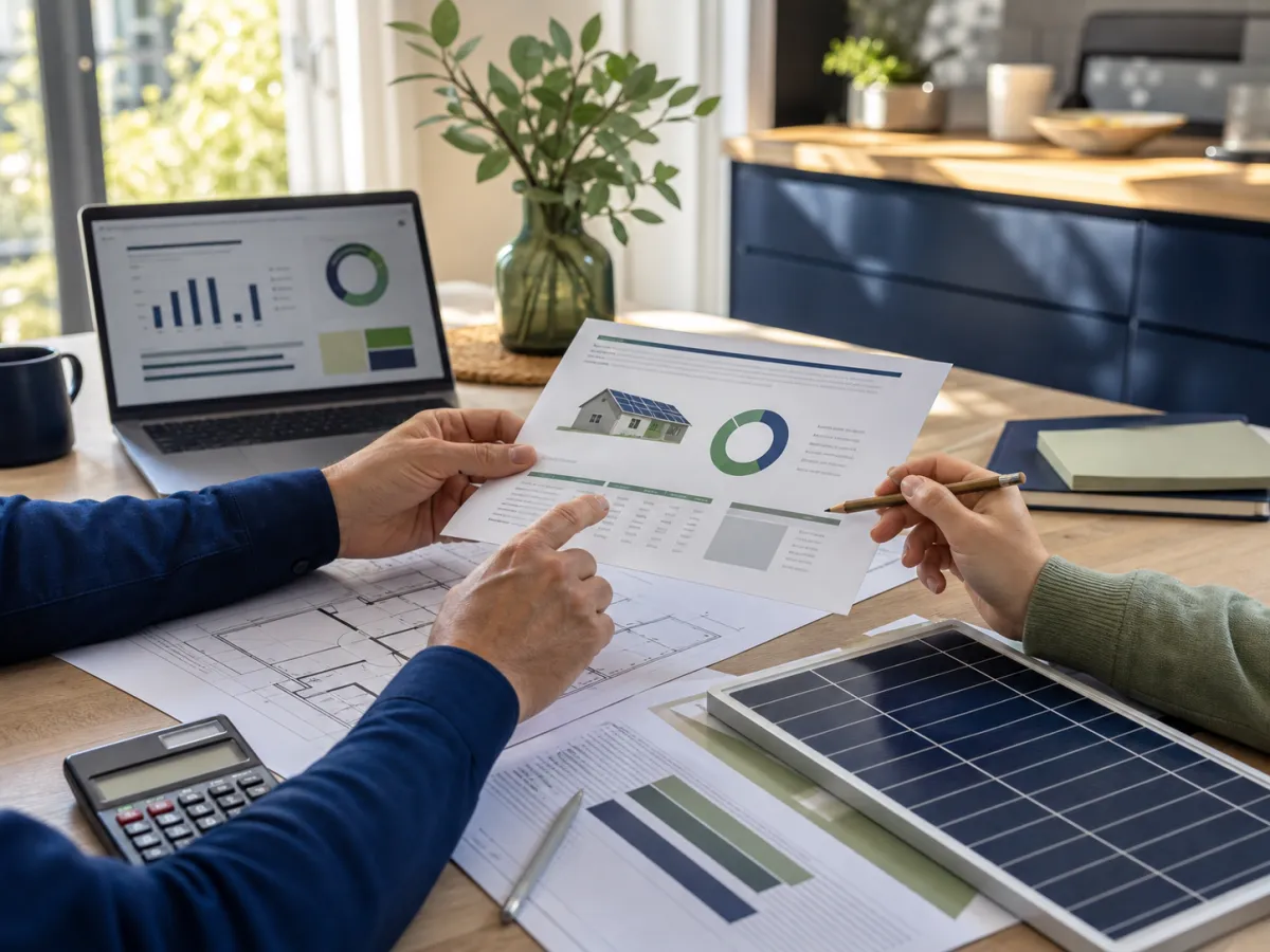 Étude d'un devis solaire avec plans, calculatrice et panneau photovoltaïque